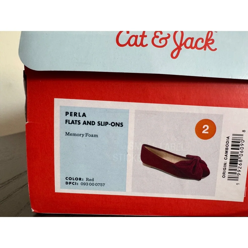 Christmas Cat & Jack Perla Ballet Flats Girls Size 2 Red Velvet Oversized Bow